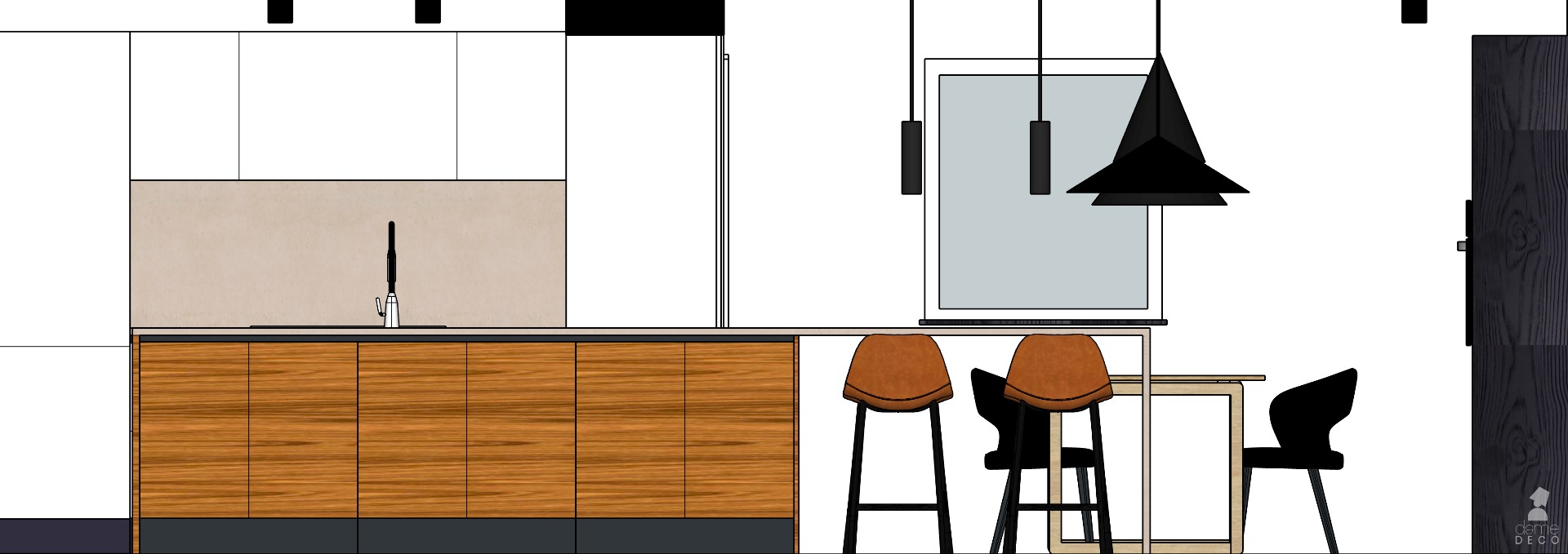 Vue ilot cuisine projection parall&egrave;le Dame Deco