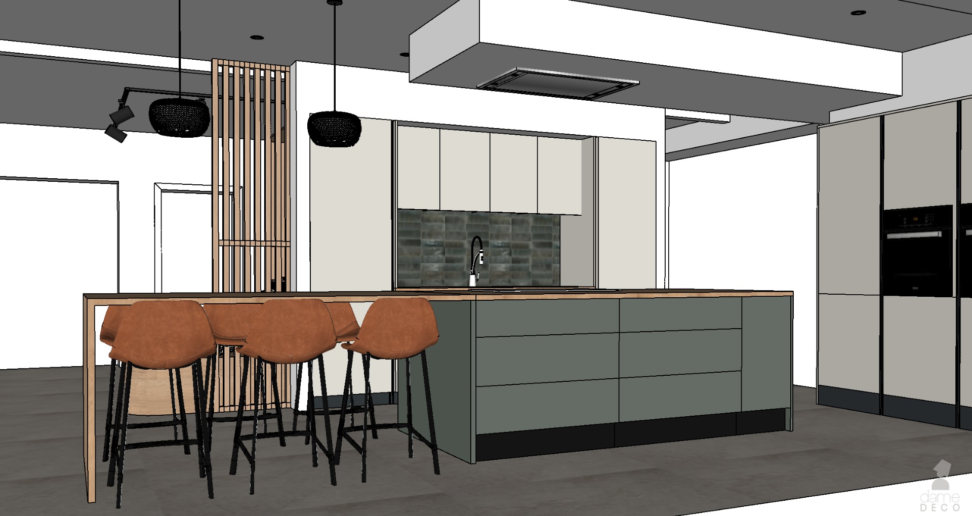 Vue ilot cuisine projection parallèle Dame Deco